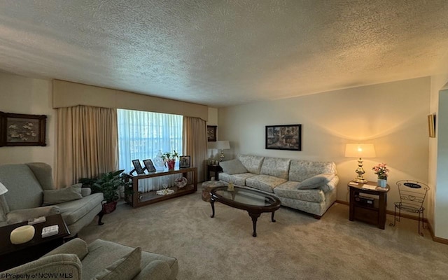 carpeted living room with a textured ceiling