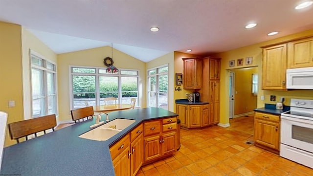 kitchen featuring vaulted ceiling, sink, light tile patterned flooring, and white appliances