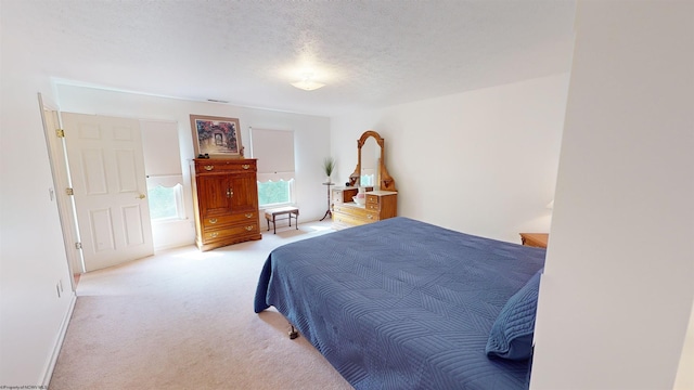 carpeted bedroom with a textured ceiling