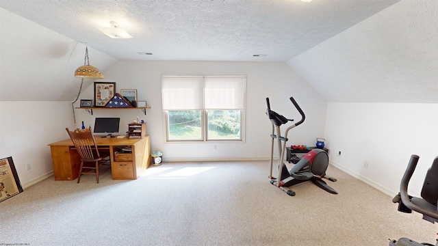 workout area with carpet flooring, a textured ceiling, and vaulted ceiling