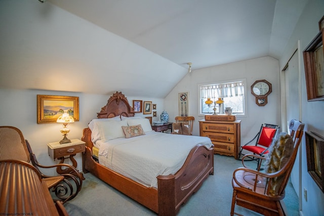 bedroom with a closet, vaulted ceiling, and carpet