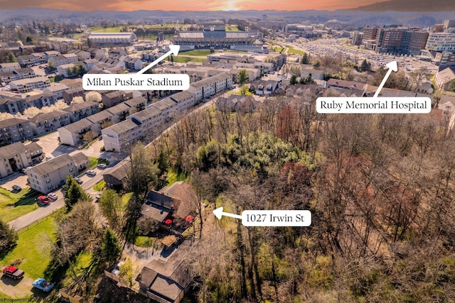 view of aerial view at dusk