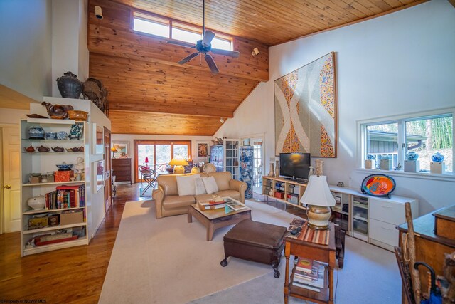 living room with high vaulted ceiling, wooden ceiling, ceiling fan, and hardwood / wood-style flooring