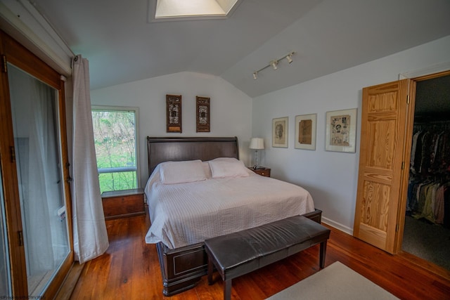 bedroom featuring dark wood-type flooring, rail lighting, a spacious closet, vaulted ceiling, and a closet