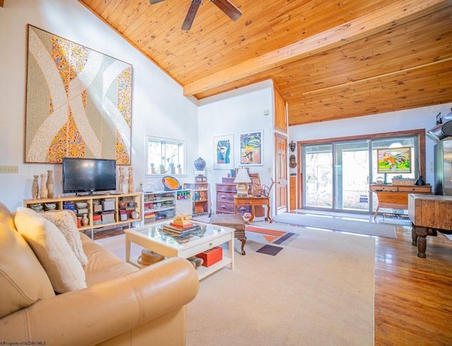 living room featuring wood ceiling, light hardwood / wood-style flooring, high vaulted ceiling, and plenty of natural light