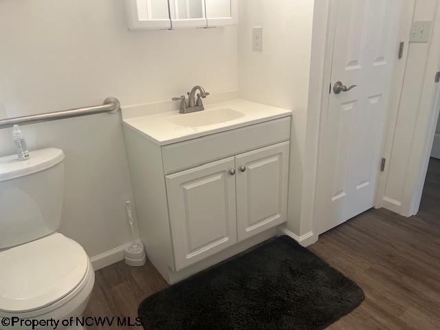 bathroom featuring toilet, vanity, and wood-type flooring