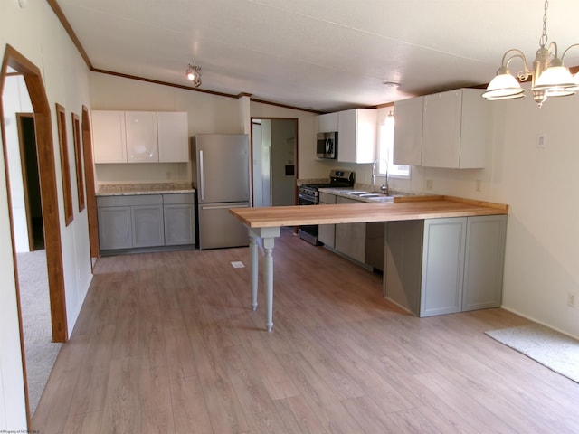 kitchen featuring a sink, ornamental molding, vaulted ceiling, stainless steel appliances, and light wood-style floors