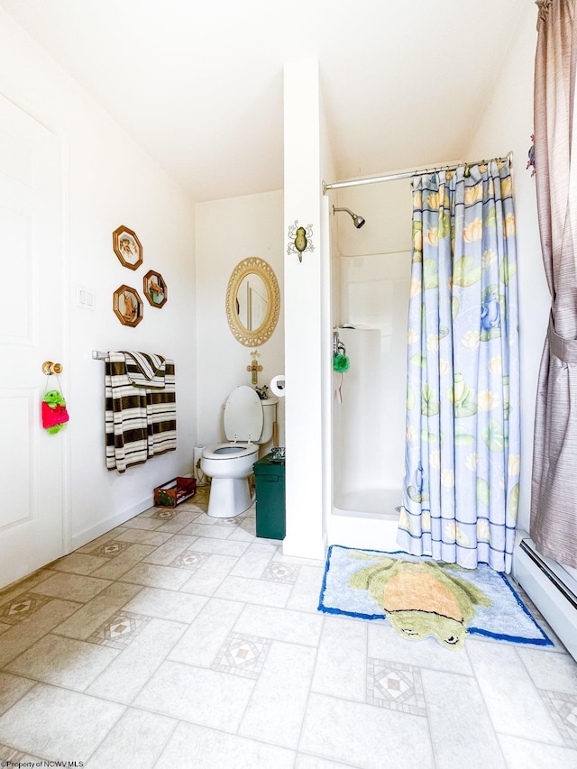 bathroom featuring toilet, walk in shower, and a baseboard heating unit