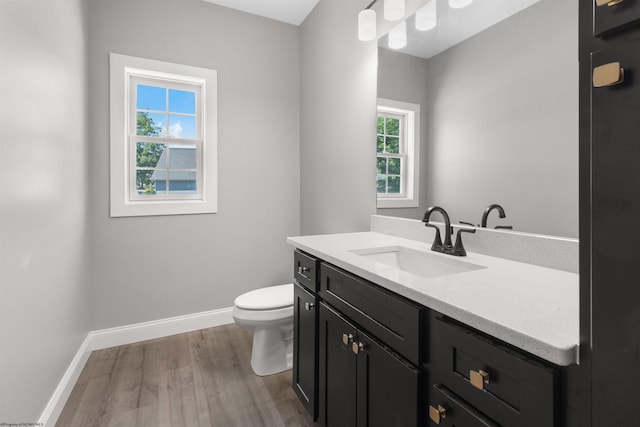 bathroom with vanity, toilet, and wood-type flooring