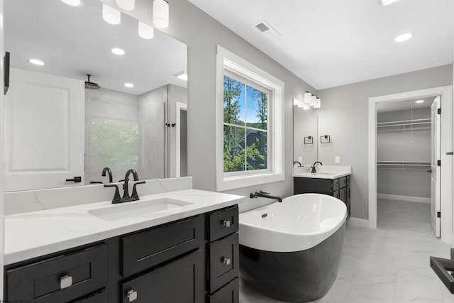 bathroom with vanity and separate shower and tub