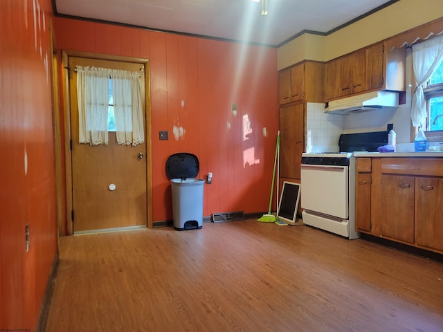 kitchen with tasteful backsplash, light hardwood / wood-style flooring, and white electric stove