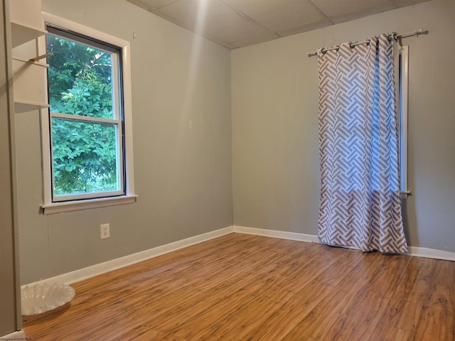 spare room with a paneled ceiling and hardwood / wood-style floors