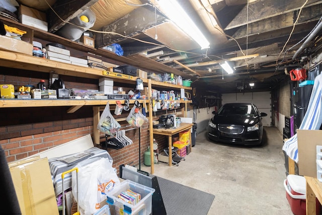 garage with a workshop area