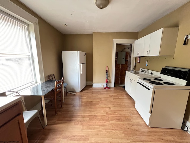 kitchen featuring white cabinets, white appliances, sink, light hardwood / wood-style flooring, and electric panel