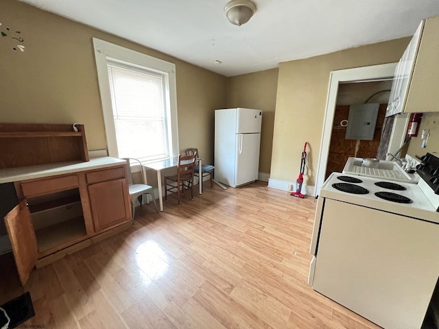 kitchen featuring electric panel, light wood-type flooring, and white appliances