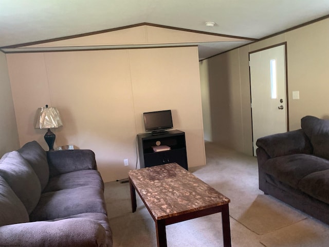 living room featuring light carpet, crown molding, and lofted ceiling