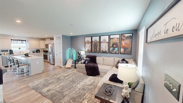 living room featuring sink and light hardwood / wood-style floors