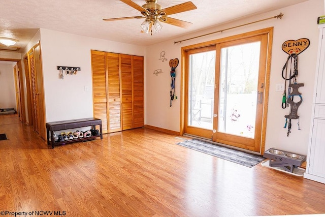 doorway to outside featuring a healthy amount of sunlight, light hardwood / wood-style flooring, and ceiling fan