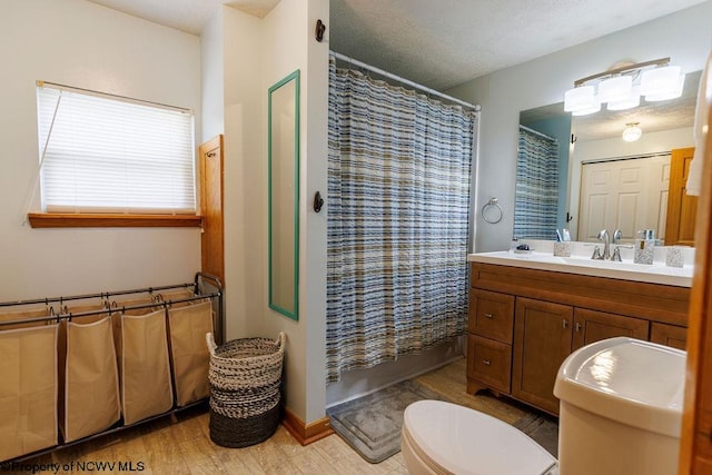 bathroom with vanity, toilet, and wood-type flooring