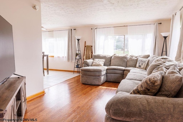 living room featuring light hardwood / wood-style floors and a textured ceiling