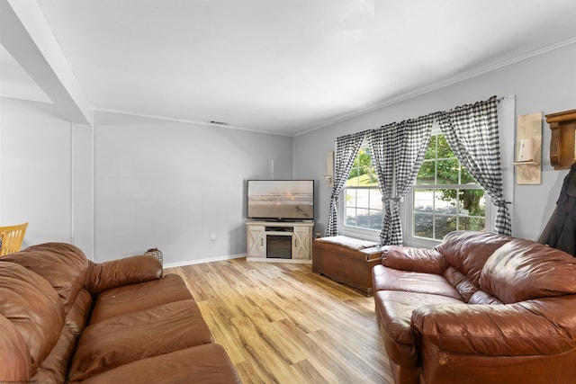 living room with light hardwood / wood-style floors and crown molding