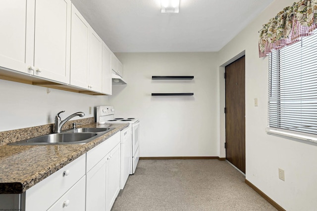 kitchen featuring sink, white electric range, white cabinetry, range hood, and dark stone counters