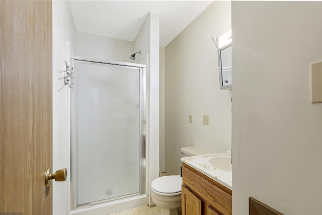 bathroom with vanity, a shower with door, and toilet