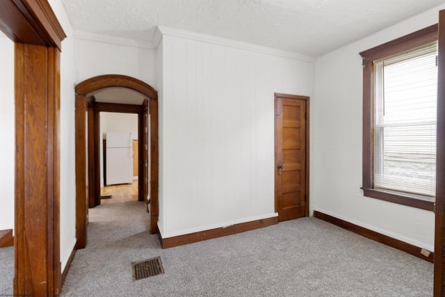 carpeted empty room featuring a textured ceiling and ornamental molding