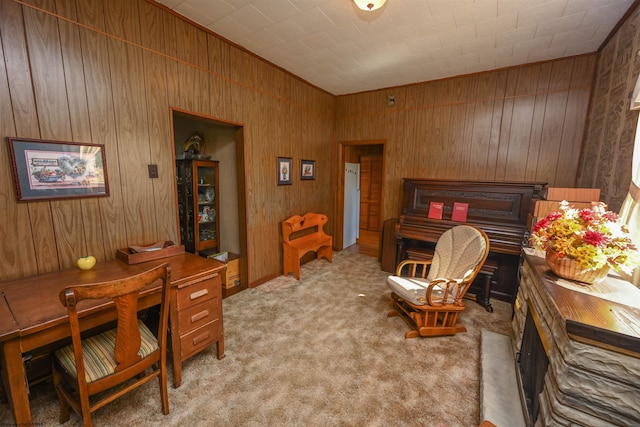 interior space featuring wood walls and light colored carpet