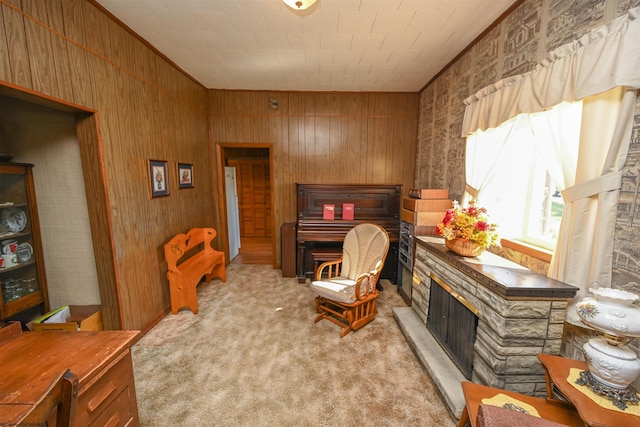 sitting room featuring wood walls and light carpet