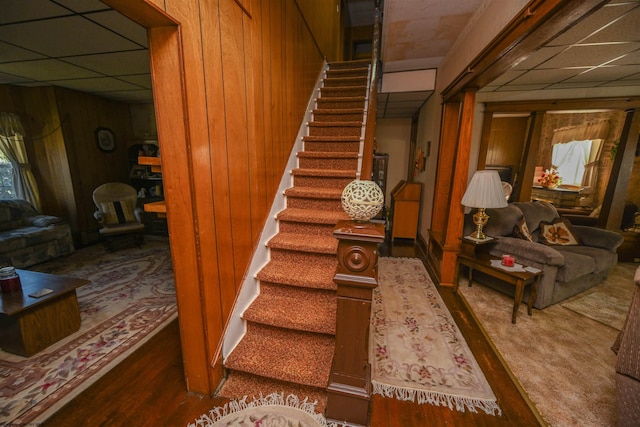 stairway with wood walls and a drop ceiling