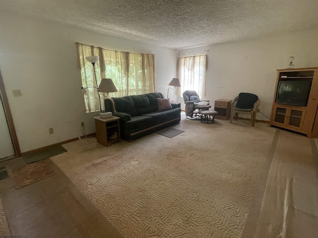 carpeted living room with a textured ceiling