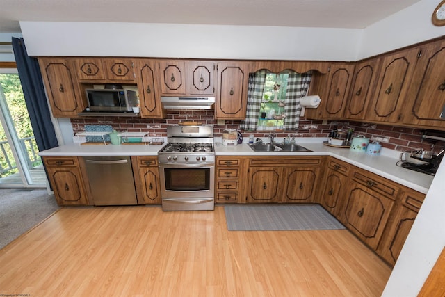 kitchen with plenty of natural light, sink, appliances with stainless steel finishes, and light wood-type flooring