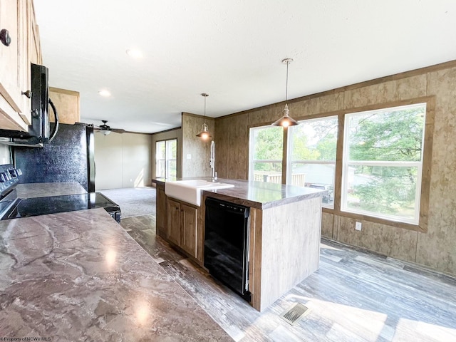 kitchen with a center island with sink, sink, electric stove, dishwasher, and pendant lighting