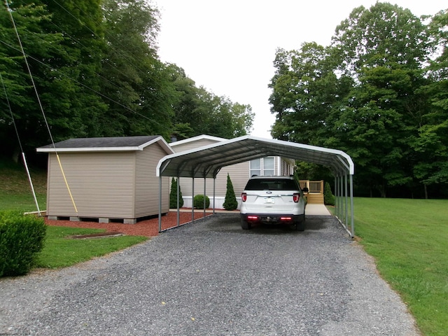 view of parking / parking lot with a carport and a lawn