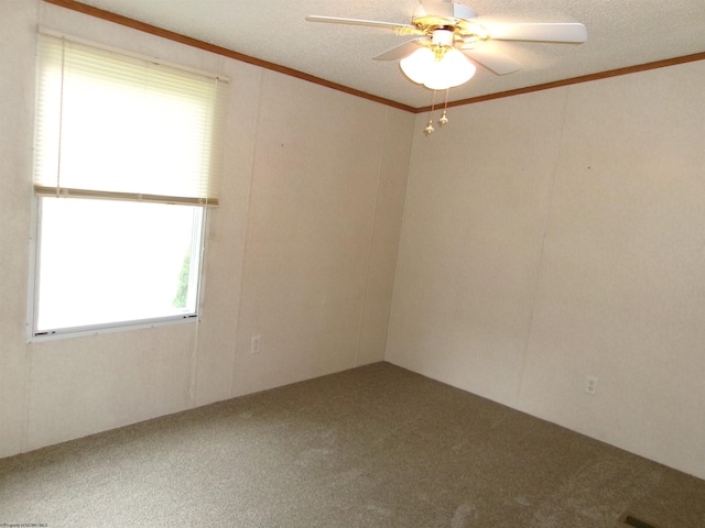 empty room with crown molding, ceiling fan, carpet, and a textured ceiling