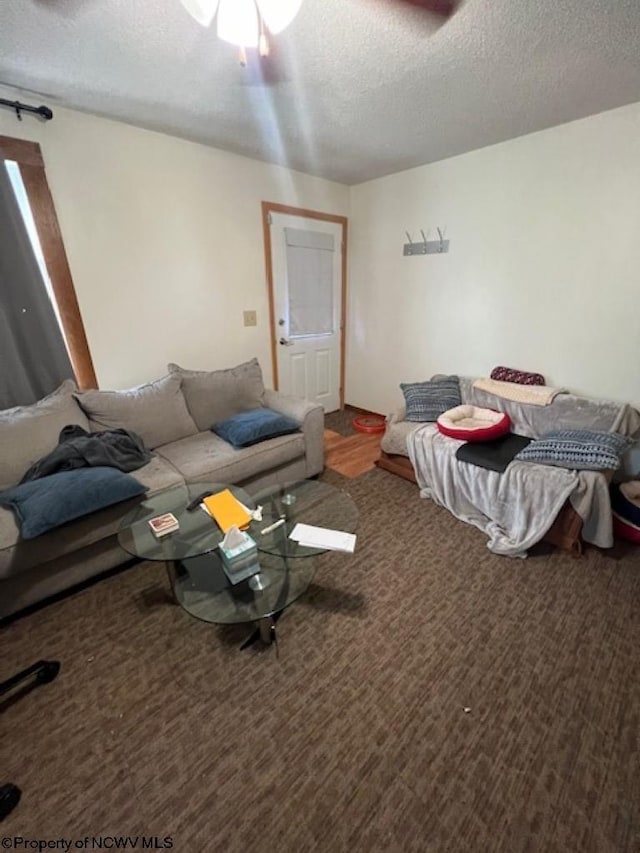 living area featuring a textured ceiling and carpet flooring