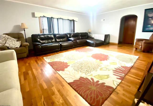 living room with wood-type flooring and crown molding