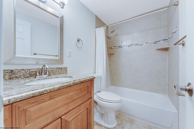 full bathroom featuring tile patterned floors, vanity, shower / bathtub combination with curtain, and toilet