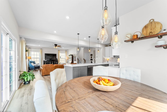 dining area featuring light hardwood / wood-style flooring, sink, and ceiling fan