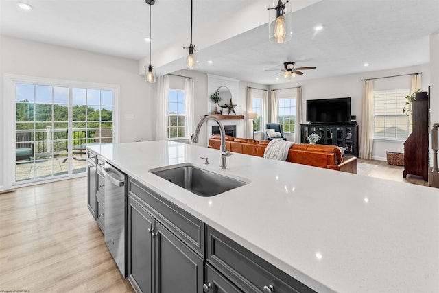 kitchen featuring light hardwood / wood-style floors, hanging light fixtures, sink, and a healthy amount of sunlight