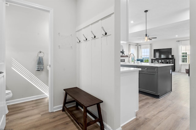 mudroom featuring ceiling fan and light wood-type flooring