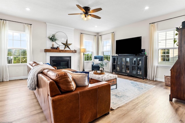 living room featuring ceiling fan and light hardwood / wood-style floors