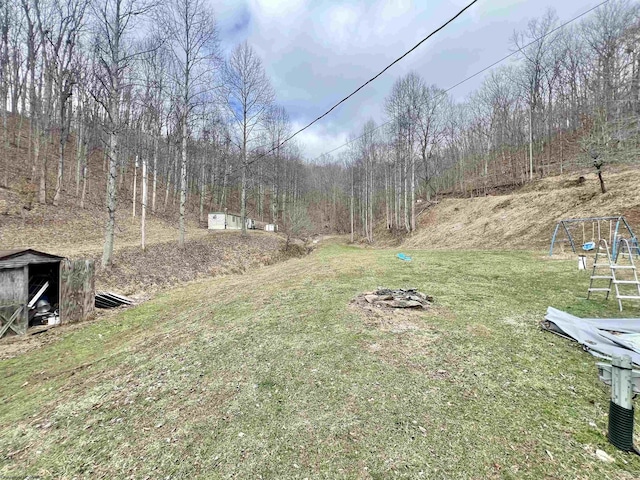 view of yard featuring a playground and an outdoor fire pit