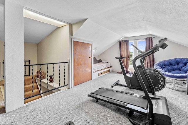 workout area featuring lofted ceiling, carpet flooring, and a textured ceiling