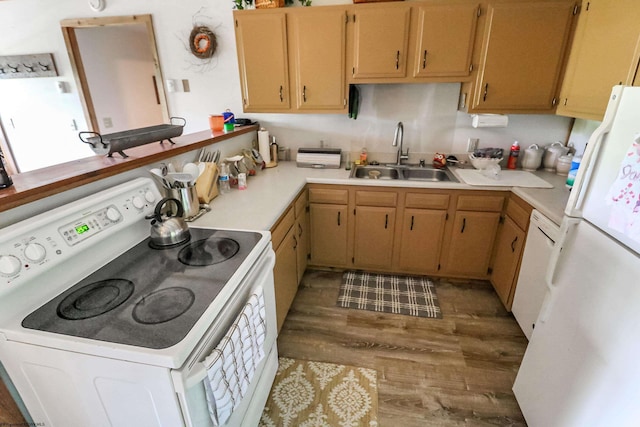 kitchen with sink, white appliances, and light hardwood / wood-style floors