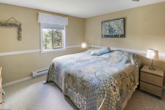 bedroom featuring a baseboard radiator and light carpet