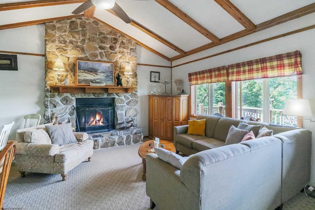 carpeted living room with beam ceiling, ceiling fan, high vaulted ceiling, and a fireplace