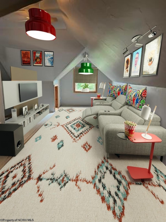 interior space featuring carpet floors and lofted ceiling