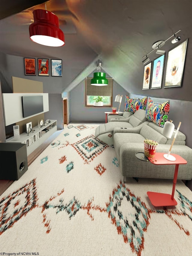 game room with carpet floors and lofted ceiling